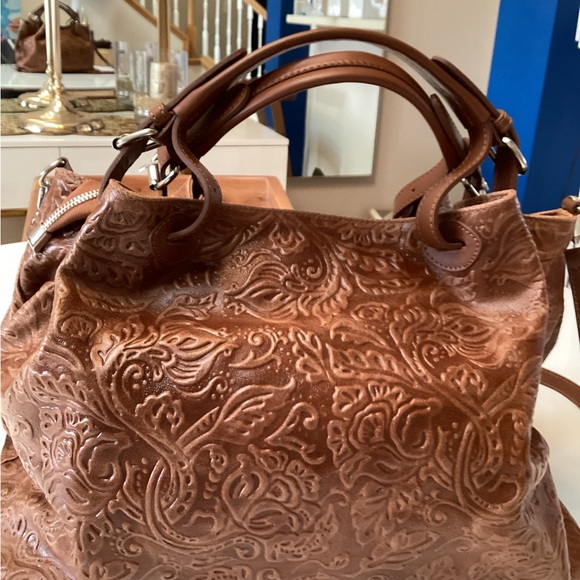Isadora Handbags - #585 Isadora Italian Leather Large Embossed Floral Leather Shoulder Bag -